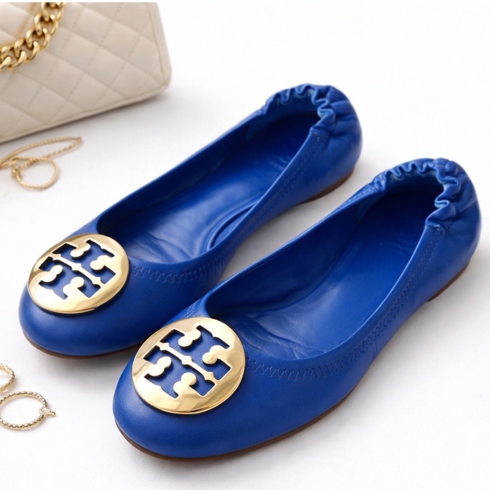 Tory Burch Cobalt Blue & Gold Genuine Leather Minnie Scrunch Ballet Flats Sz 5.5
